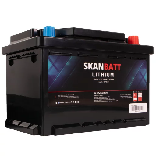 SKANBATT Lithium Batteri 12V 100Ah 100A BMS - Bluetooth - Bobil - 279x176x190mm - Small