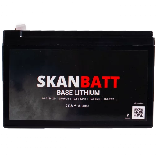 SKANBATT Base Lithium - 12V 12Ah 10A BMS - 151x98x96mm - Bluetooth - 3 Års garanti