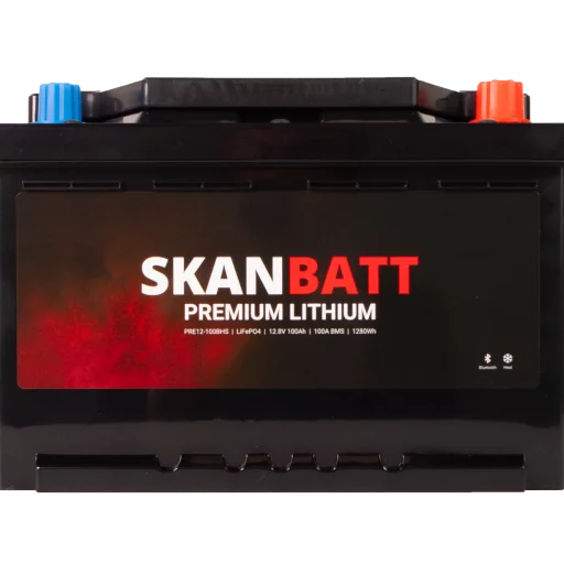 SKANBATT Premium Lithium - 12V 100Ah 100A BMS - 280x178x188mm - Bluetooth - Heat - 8 Års garanti