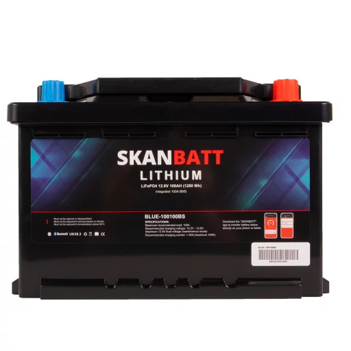 SKANBATT Lithium Batteri 12V 100Ah 100A BMS - Bluetooth - Bobil - 279x176x190mm - Small