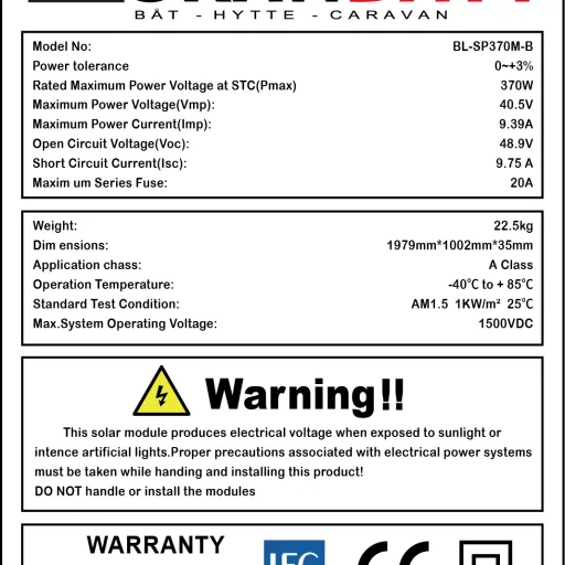 SKANBATT Solcellepanel Mono 370W Sort - 1956x992x35mm