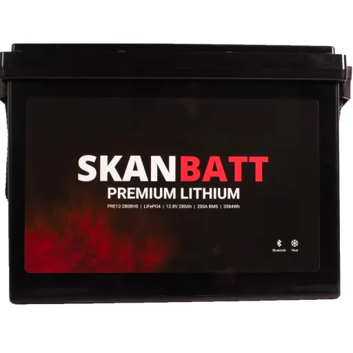 SKANBATT Premium Lithium - 12V 280Ah 200A BMS - 384x204x268mm - Bluetooth - Heat - 8 Års garanti