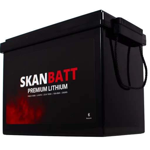 SKANBATT Premium Lithium - 24V 100Ah 100A BMS - 384x204x268mm - Bluetooth - 8 Års garanti