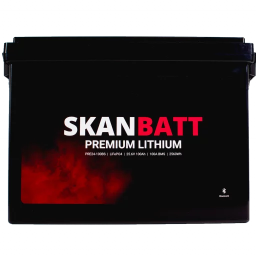 SKANBATT Premium Lithium - 24V 100Ah 100A BMS - 384x204x268mm - Bluetooth - 8 Års garanti