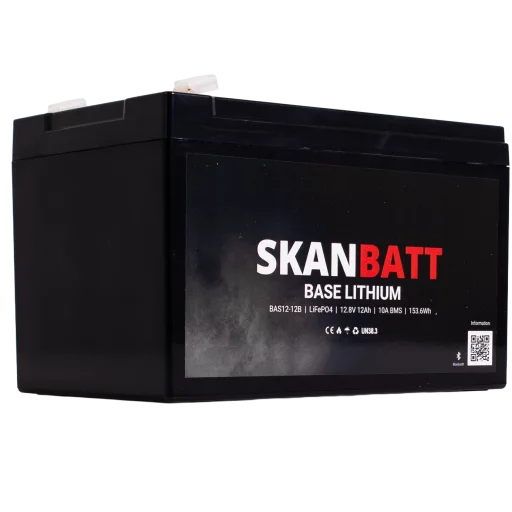 SKANBATT Base Lithium - 12V 12Ah 10A BMS - 151x98x96mm - Bluetooth - 3 Års garanti