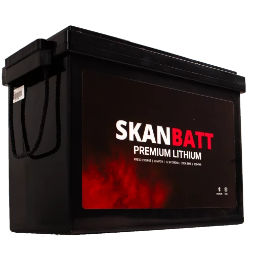 SKANBATT Premium Lithium - 12V 280Ah 200A BMS - 384x204x268mm - Bluetooth - Heat - 8 Års garanti