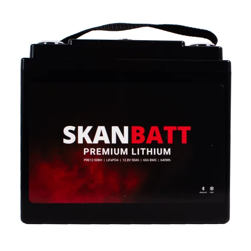 SKANBATT Premium Lithium - 12V 50Ah 60A BMS - 196x168x175mm - Bluetooth - Heat - 8 Års garanti