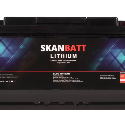 SKANBATT Lithium Batteri 12V 180Ah 150A BMS - Bluetooth - Bobil - 355x176x190mm