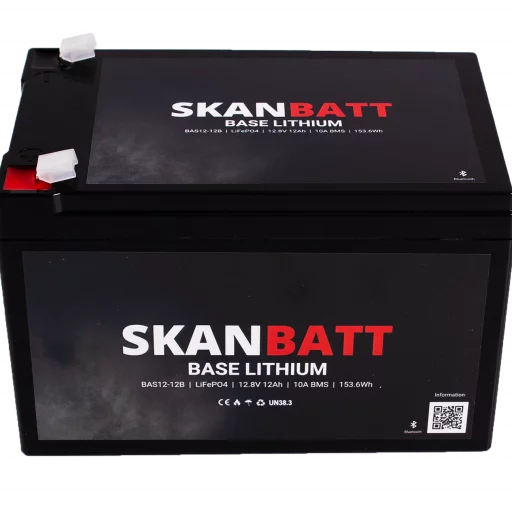 SKANBATT Base Lithium - 12V 12Ah 10A BMS - 151x98x96mm - Bluetooth - 3 Års garanti