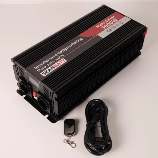 SKANBATT Inverter 12V 3000W Ren Sinus med Nettprioritering, Trådløs Fjernkontroll