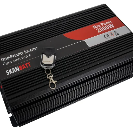 SKANBATT Inverter 12V 2000W Ren Sinus med Nettprioritering og Trådløs Fjernkontroll 415x165x120mm