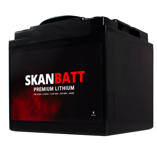 SKANBATT Premium Lithium - 12V 50Ah 60A BMS - 196x168x175mm - Bluetooth - 8 Års garanti