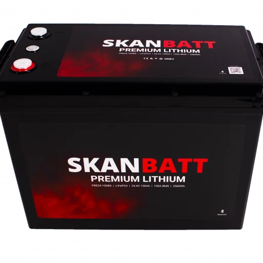 SKANBATT Premium Lithium - 24V 100Ah 100A BMS - 384x204x268mm - Bluetooth - 8 Års garanti