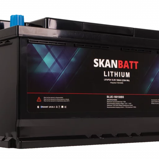 SKANBATT Lithium Batteri 12V 180Ah 150A BMS - Bluetooth - Bobil - 355x176x190mm