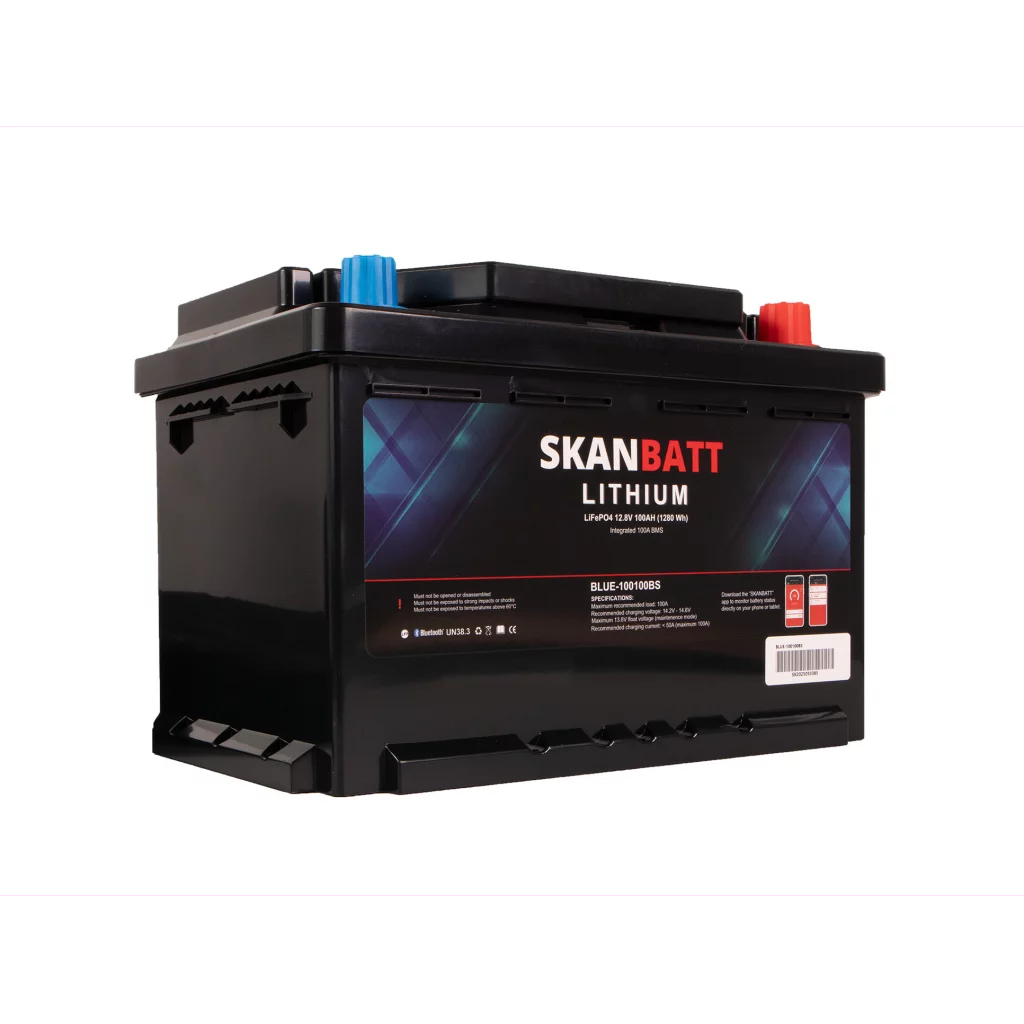 SKANBATT Lithium Batteri 12V 100Ah 100A BMS - Bluetooth - Bobil - 279x176x190mm - Small