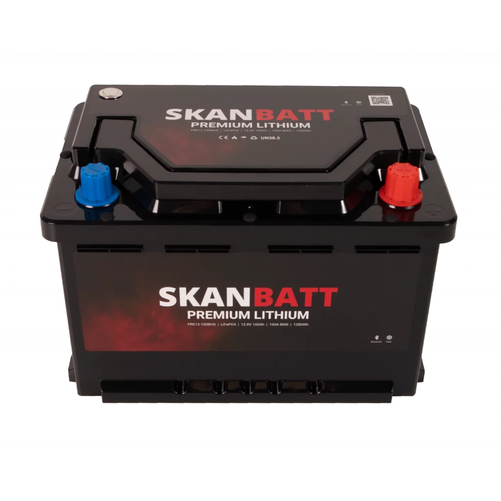 SKANBATT Premium Lithium - 12V 100Ah 100A BMS - 280x178x188mm - Bluetooth - Heat - 8 Års garanti