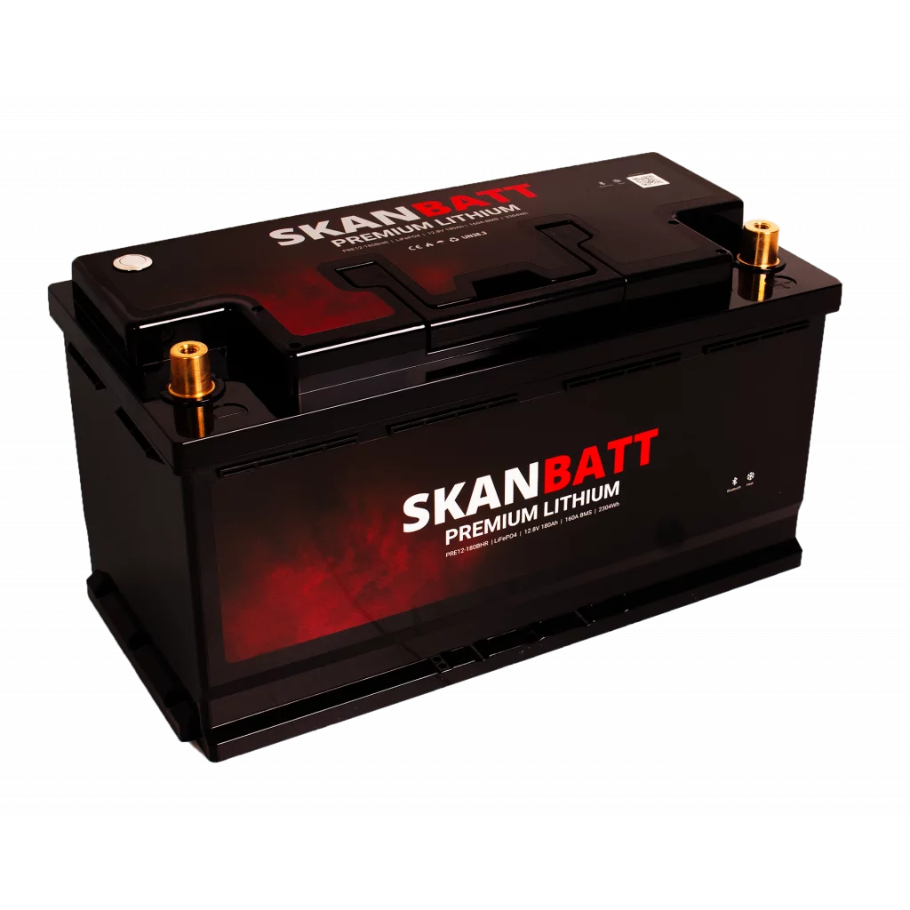 SKANBATT Premium Lithium - 12V 180Ah 160A BMS - 354x176x187mm - Bluetooth - Heat - 8 Års garanti