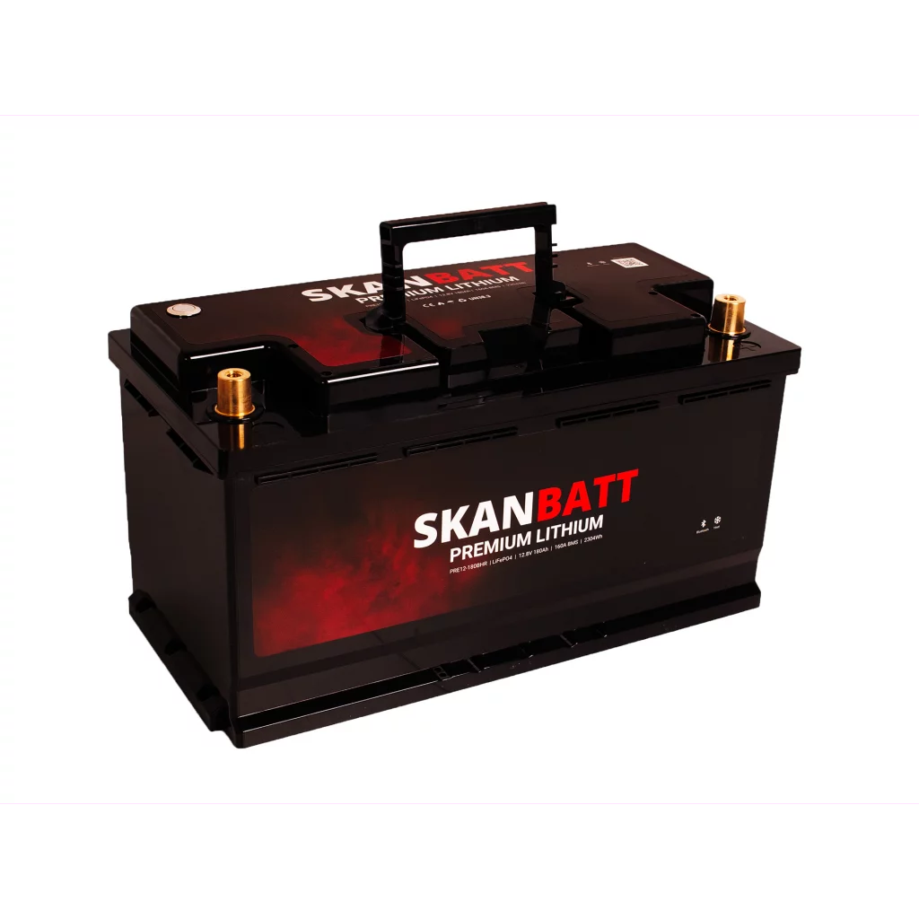 SKANBATT Premium Lithium - 12V 180Ah 160A BMS - 354x176x187mm - Bluetooth - Heat - 8 Års garanti
