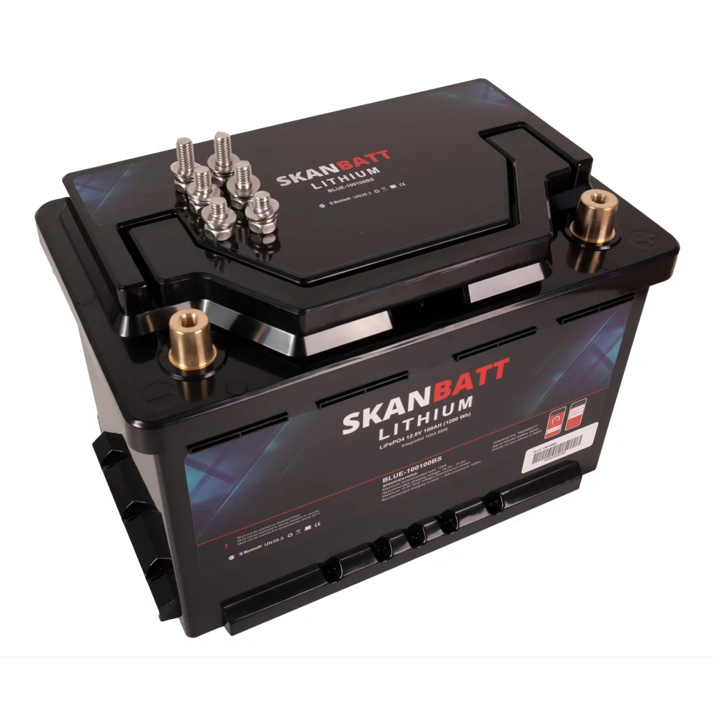 SKANBATT Lithium Batteri 12V 100Ah 100A BMS - Bluetooth - Bobil - 279x176x190mm - Small