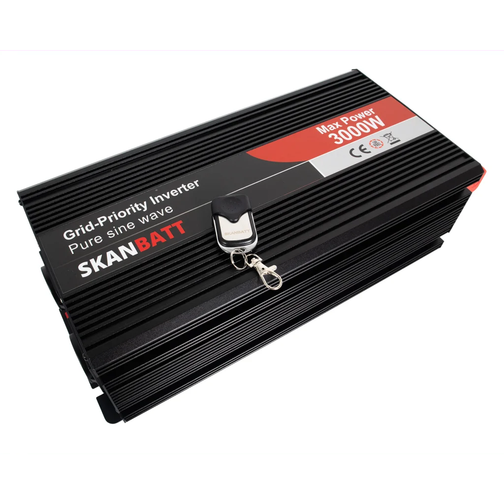SKANBATT Inverter 12V 3000W Ren Sinus med Nettprioritering, Trådløs Fjernkontroll