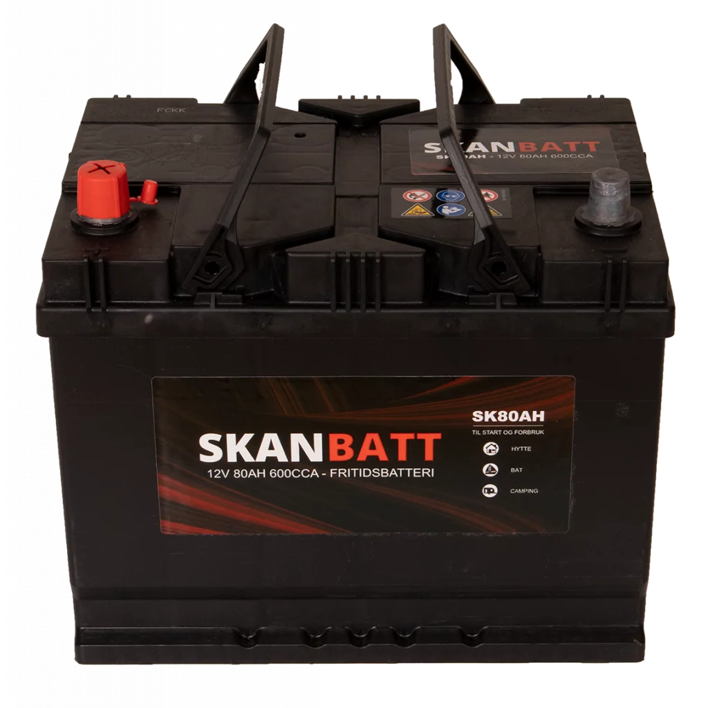 SKANBATT Fritidsbatteri 12V 80AH 600CCA (256x174x205/225mm) +venstre