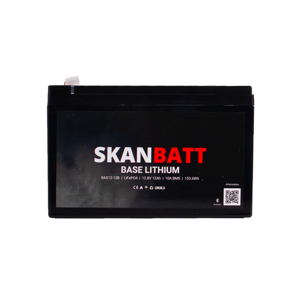 SKANBATT Base Lithium - 12V 12Ah 10A BMS - 151x98x96mm - Bluetooth - 3 Års garanti