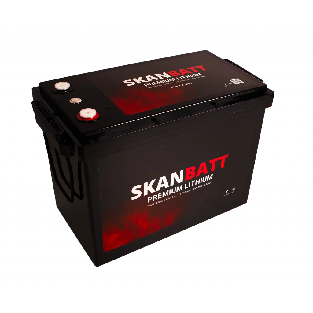SKANBATT Premium Lithium - 12V 280Ah 200A BMS - 384x204x268mm - Bluetooth - Heat - 8 Års garanti
