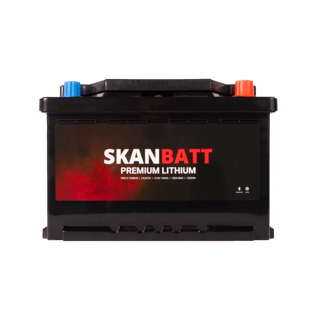 SKANBATT Premium Lithium - 12V 100Ah 100A BMS - 280x178x188mm - Bluetooth - Heat - 8 Års garanti