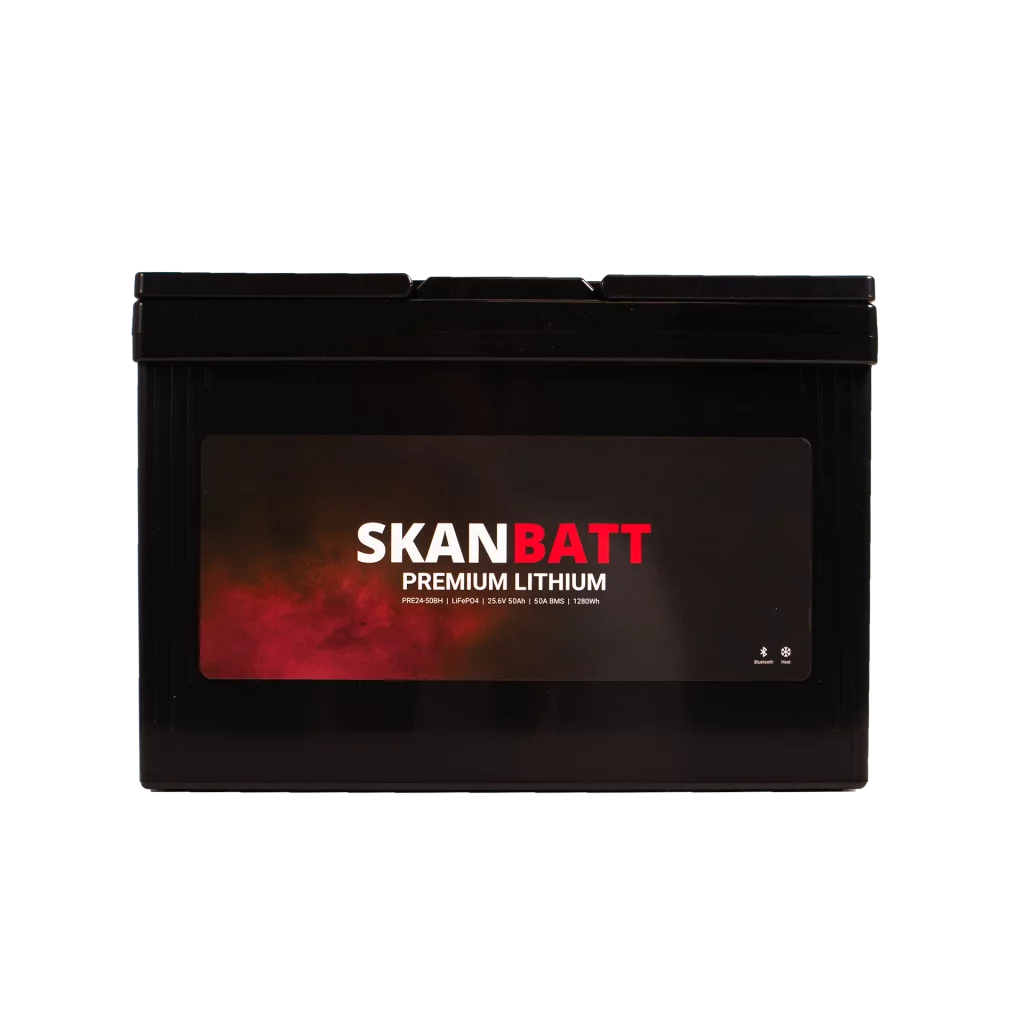 SKANBATT Premium Lithium - 24V 50Ah 50A BMS - 307x172x215mm - Bluetooth - Heat - 8 Års garanti