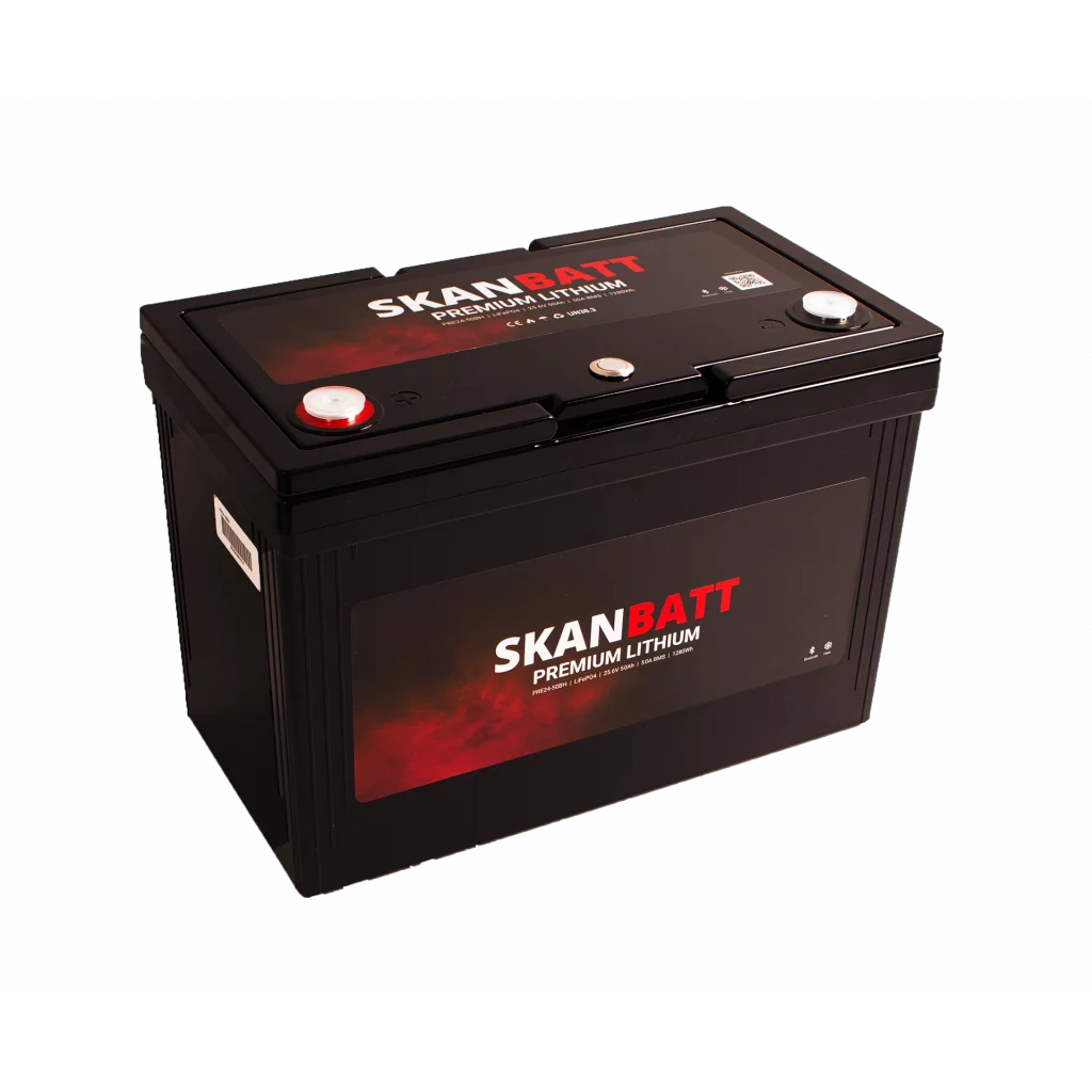 SKANBATT Premium Lithium - 24V 50Ah 50A BMS - 307x172x215mm - Bluetooth - Heat - 8 Års garanti