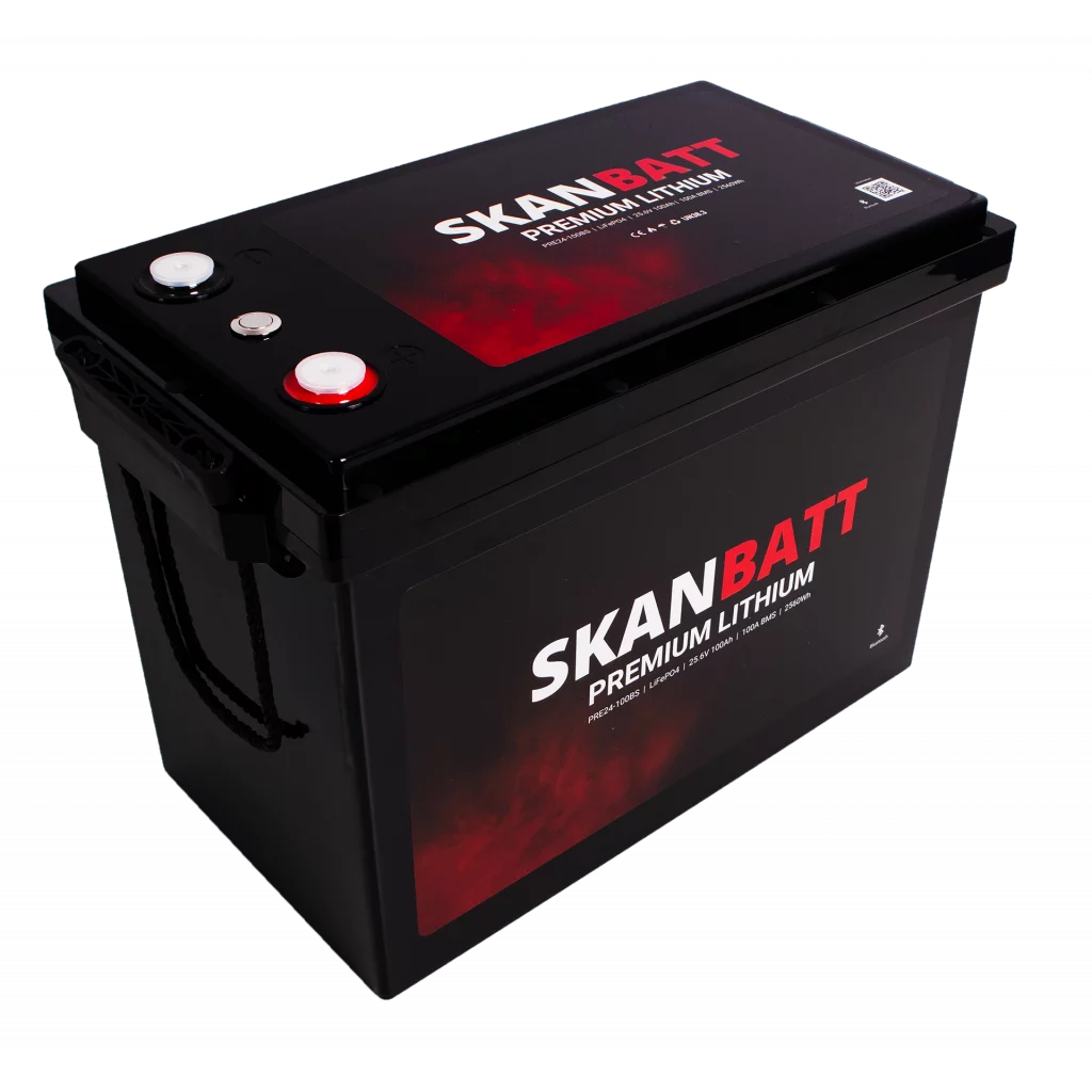 SKANBATT Premium Lithium - 24V 100Ah 100A BMS - 384x204x268mm - Bluetooth - 8 Års garanti
