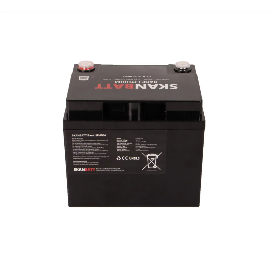 SKANBATT Base Lithium - 12V 40Ah 40A BMS - 198x166x170mm - Bluetooth - 3 Års garanti