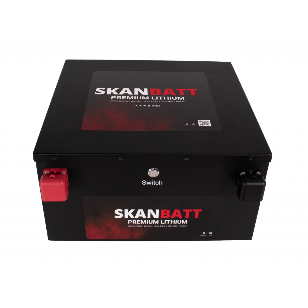 SKANBATT Premium Lithium - 12V 470Ah 200A BMS - 360x350x190mm - Bluetooth - Heat - 8 Års garanti - "Under setet" modell
