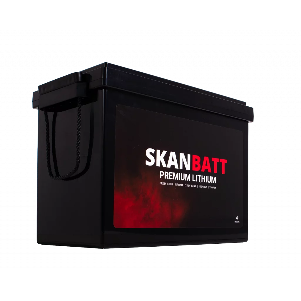 SKANBATT Premium Lithium - 24V 100Ah 100A BMS - 384x204x268mm - Bluetooth - 8 Års garanti