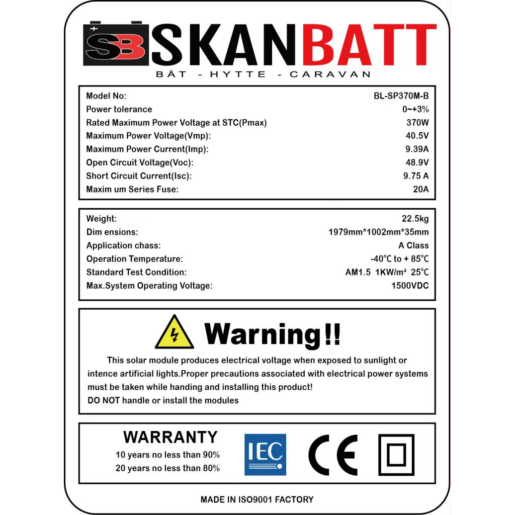 SKANBATT Solcellepanel Mono 370W Sort - 1956x992x35mm