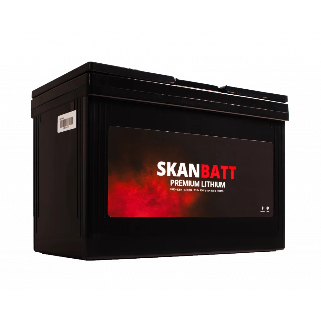 SKANBATT Premium Lithium - 24V 50Ah 50A BMS - 307x172x215mm - Bluetooth - Heat - 8 Års garanti