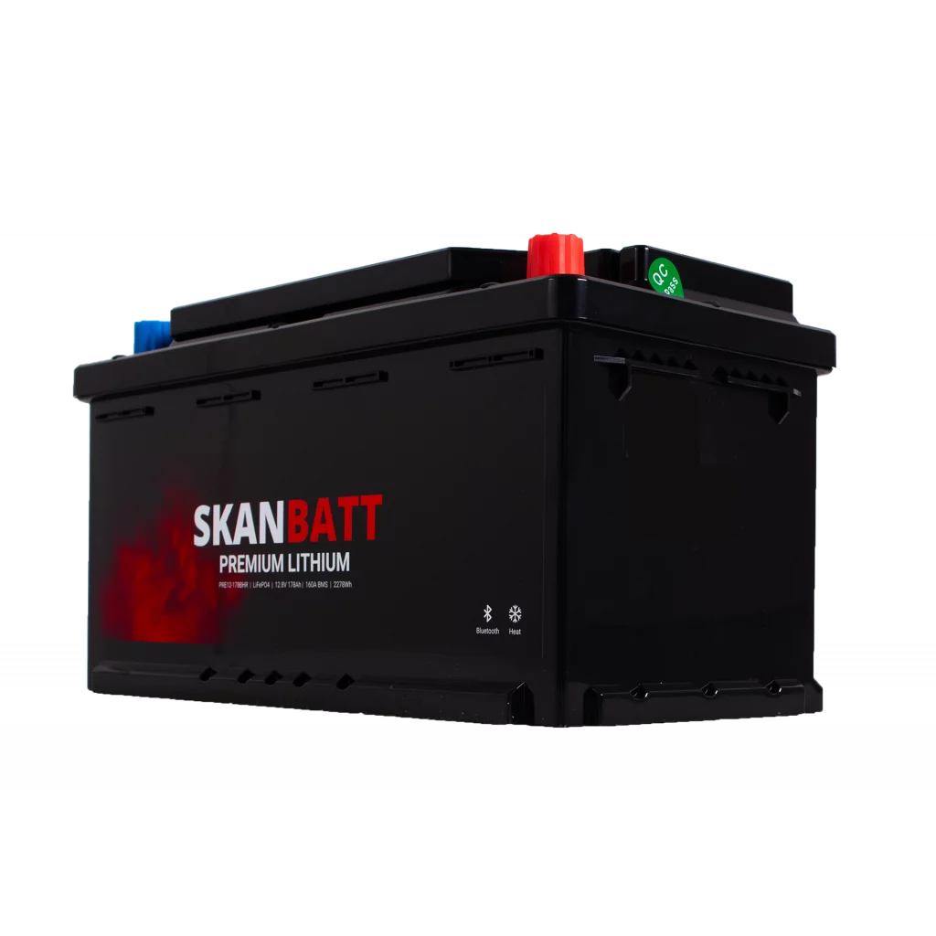 SKANBATT Premium Lithium - 12V 178Ah 160A BMS - 354x176x187mm - Bluetooth - Heat - 8 Års garanti