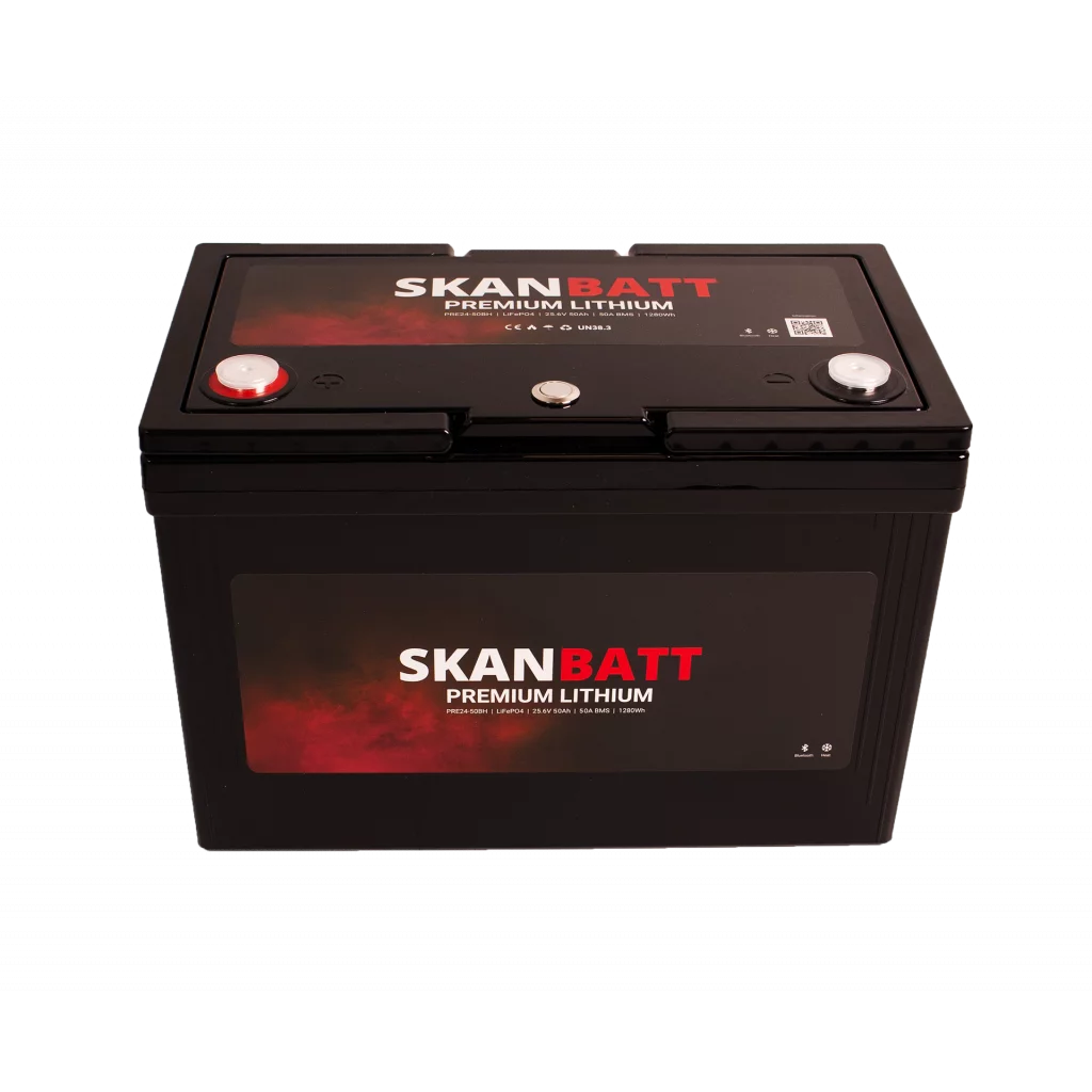 SKANBATT Premium Lithium - 24V 50Ah 50A BMS - 307x172x215mm - Bluetooth - Heat - 8 Års garanti