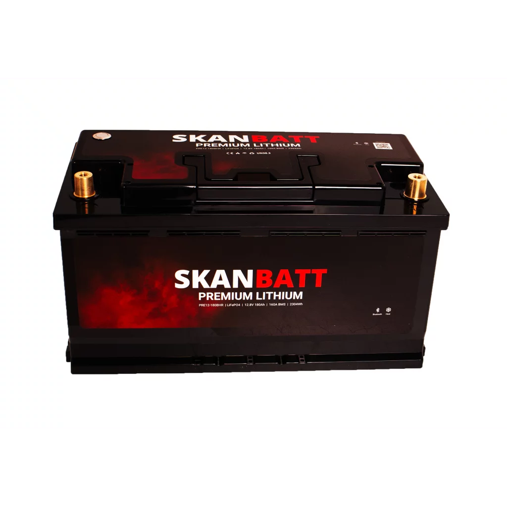 SKANBATT Premium Lithium - 12V 180Ah 160A BMS - 354x176x187mm - Bluetooth - Heat - 8 Års garanti