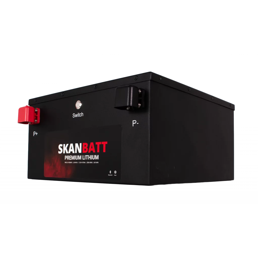 SKANBATT Premium Lithium - 12V 470Ah 200A BMS - 360x350x190mm - Bluetooth - Heat - 8 Års garanti - "Under setet" modell