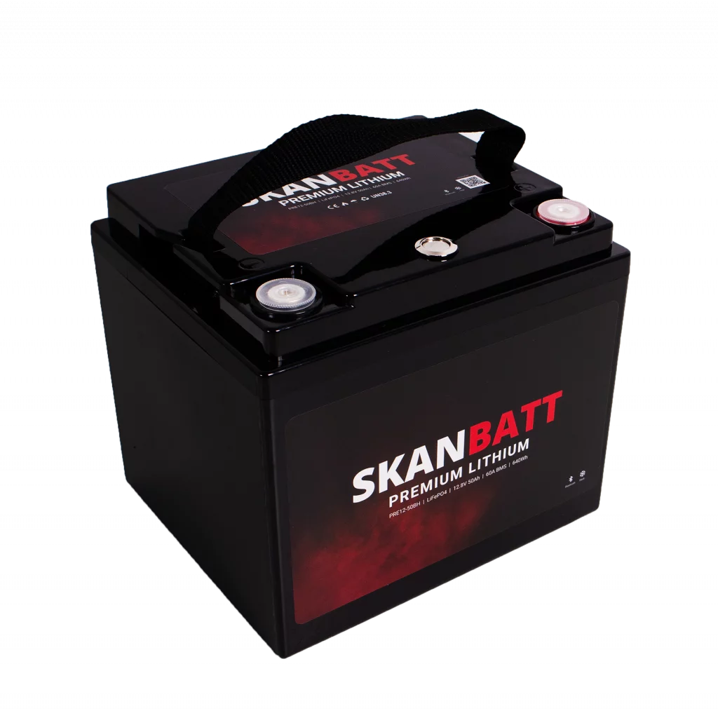 SKANBATT Premium Lithium - 12V 50Ah 60A BMS - 196x168x175mm - Bluetooth - Heat - 8 Års garanti