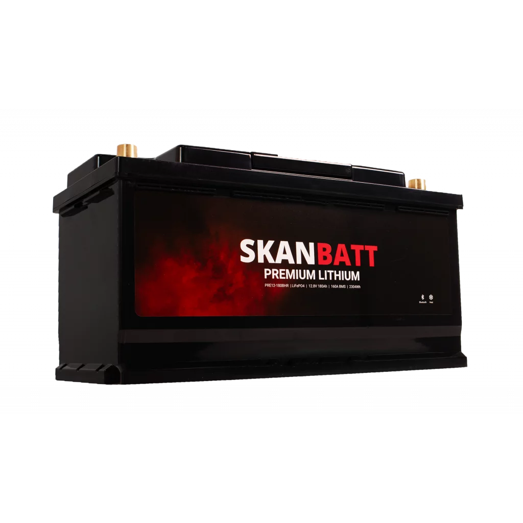 SKANBATT Premium Lithium - 12V 180Ah 160A BMS - 354x176x187mm - Bluetooth - Heat - 8 Års garanti