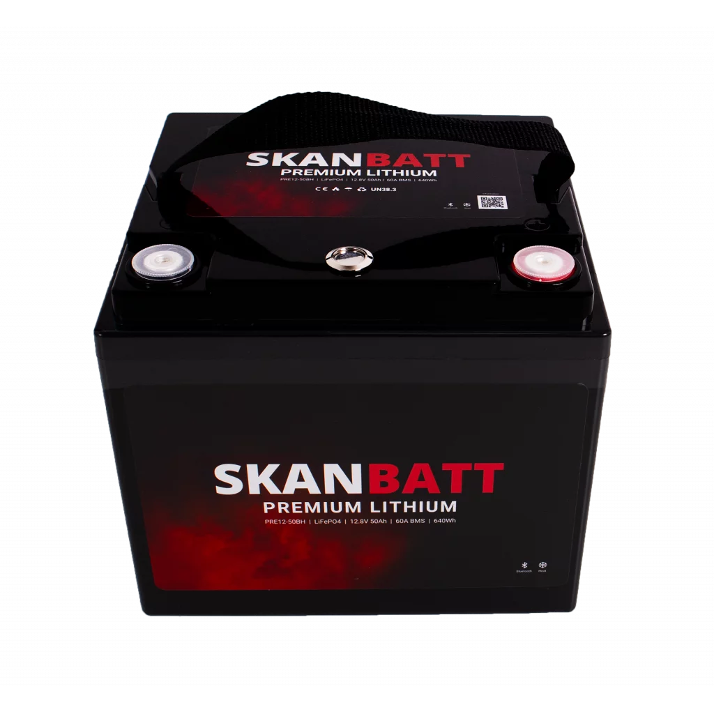 SKANBATT Premium Lithium - 12V 50Ah 60A BMS - 196x168x175mm - Bluetooth - Heat - 8 Års garanti