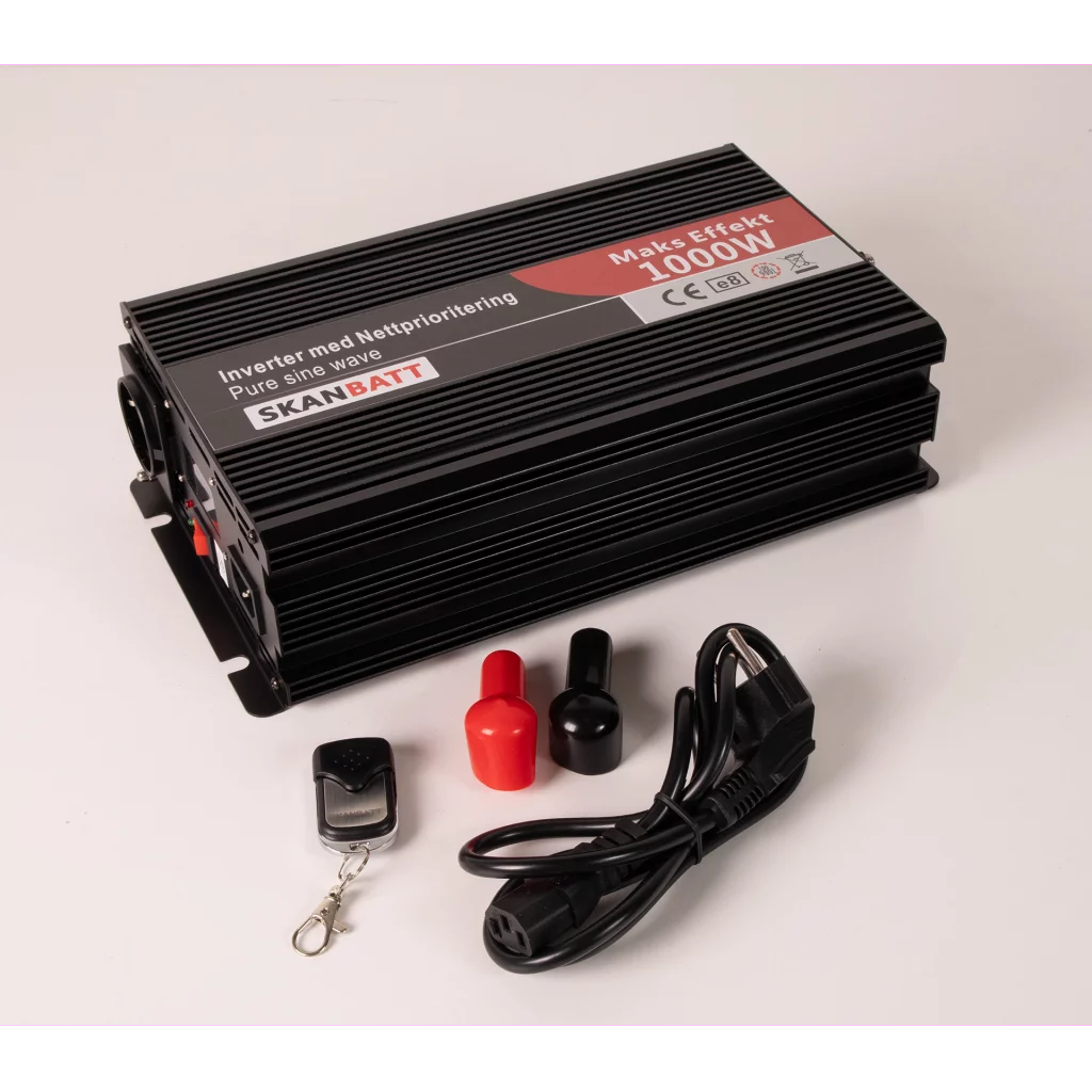 SKANBATT Inverter 12V 1000W Ren Sinus med Nettprioritering og Trådløs Fjernkontroll