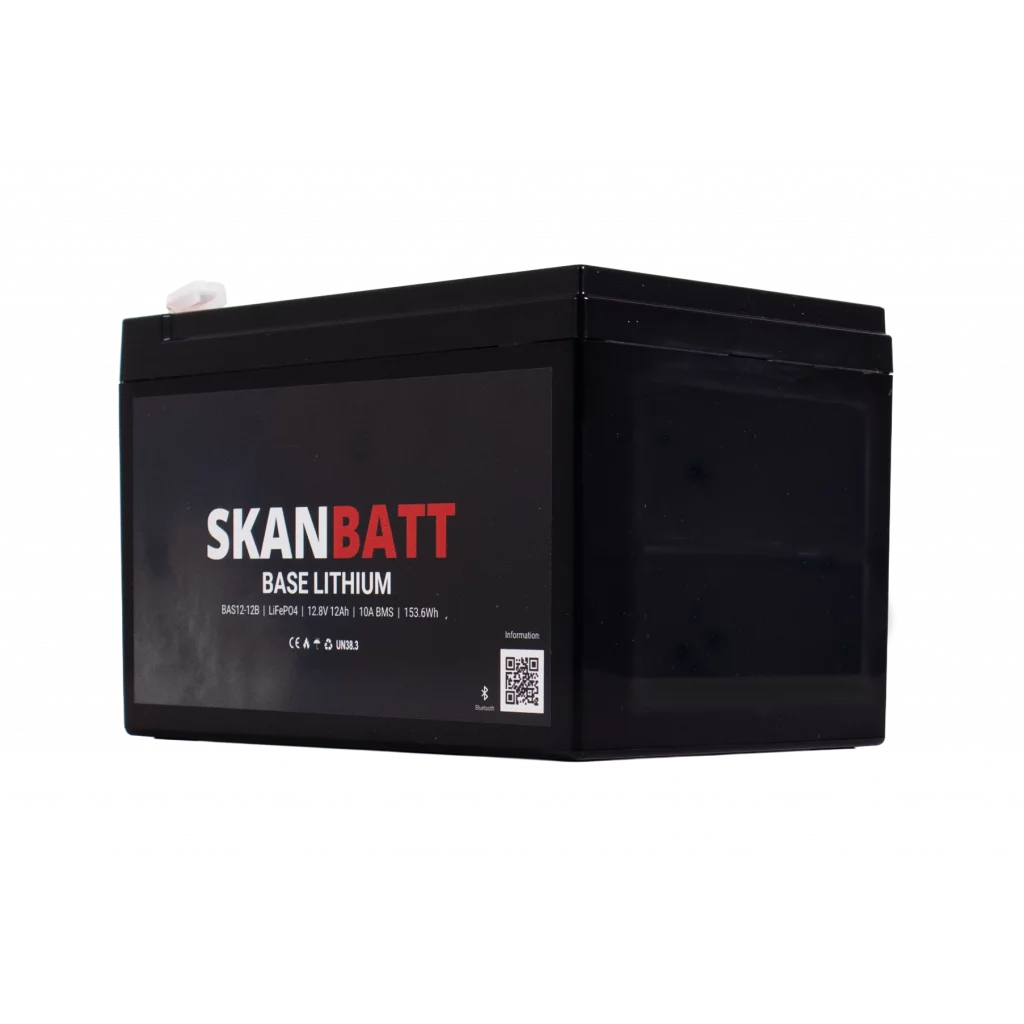 SKANBATT Base Lithium - 12V 12Ah 10A BMS - 151x98x96mm - Bluetooth - 3 Års garanti