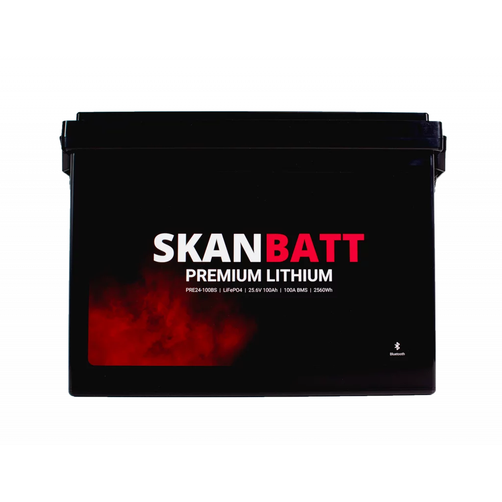 SKANBATT Premium Lithium - 24V 100Ah 100A BMS - 384x204x268mm - Bluetooth - 8 Års garanti