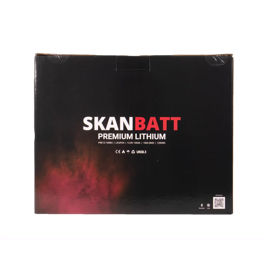 SKANBATT Premium Lithium - 12V 100Ah 100A BMS - 306x172x212mm - Bluetooth - Heat - 8 Års garanti