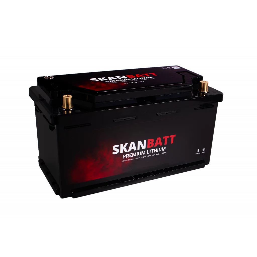 SKANBATT Premium Lithium - 12V 178Ah 160A BMS - 354x176x187mm - Bluetooth - Heat - 8 Års garanti