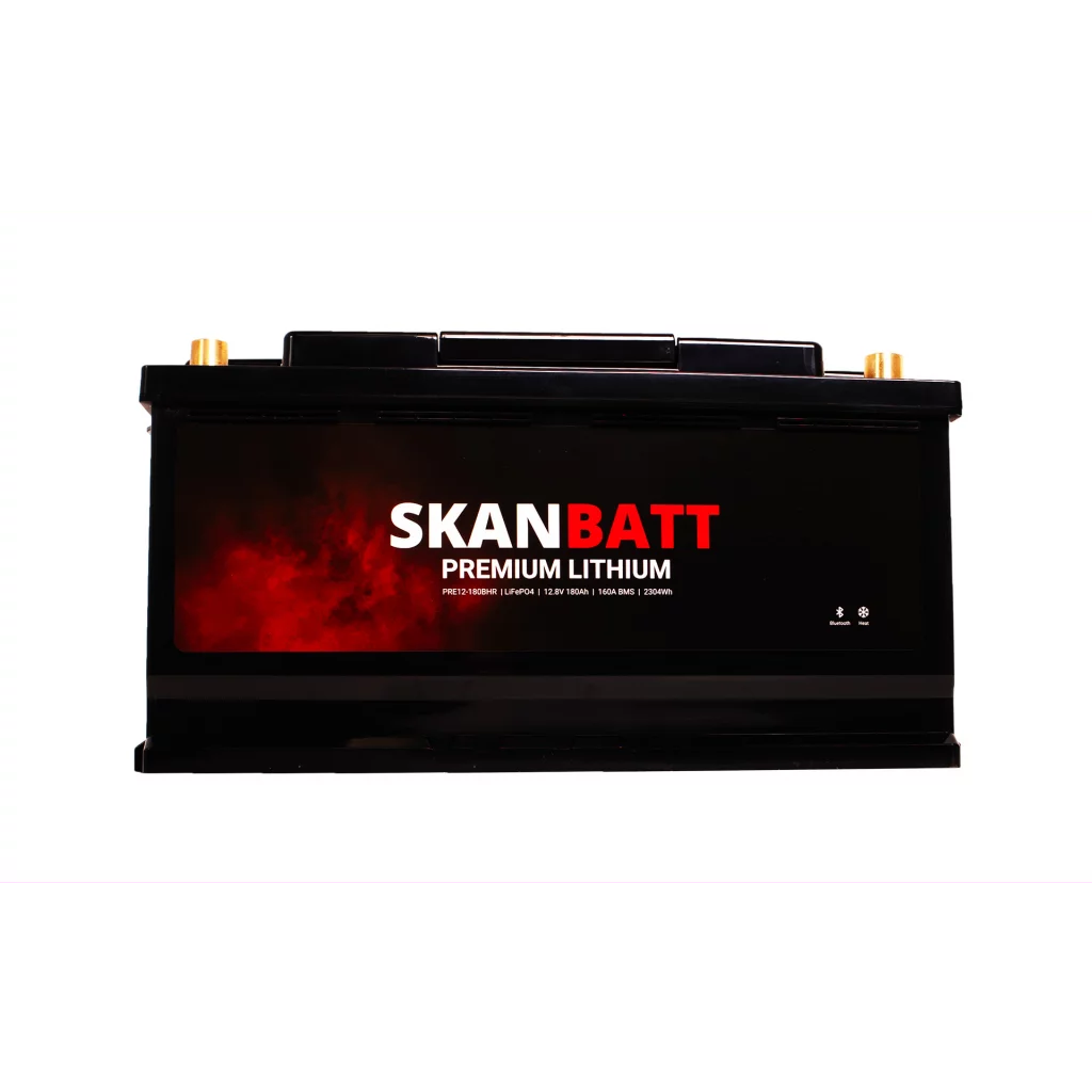 SKANBATT Premium Lithium - 12V 180Ah 160A BMS - 354x176x187mm - Bluetooth - Heat - 8 Års garanti