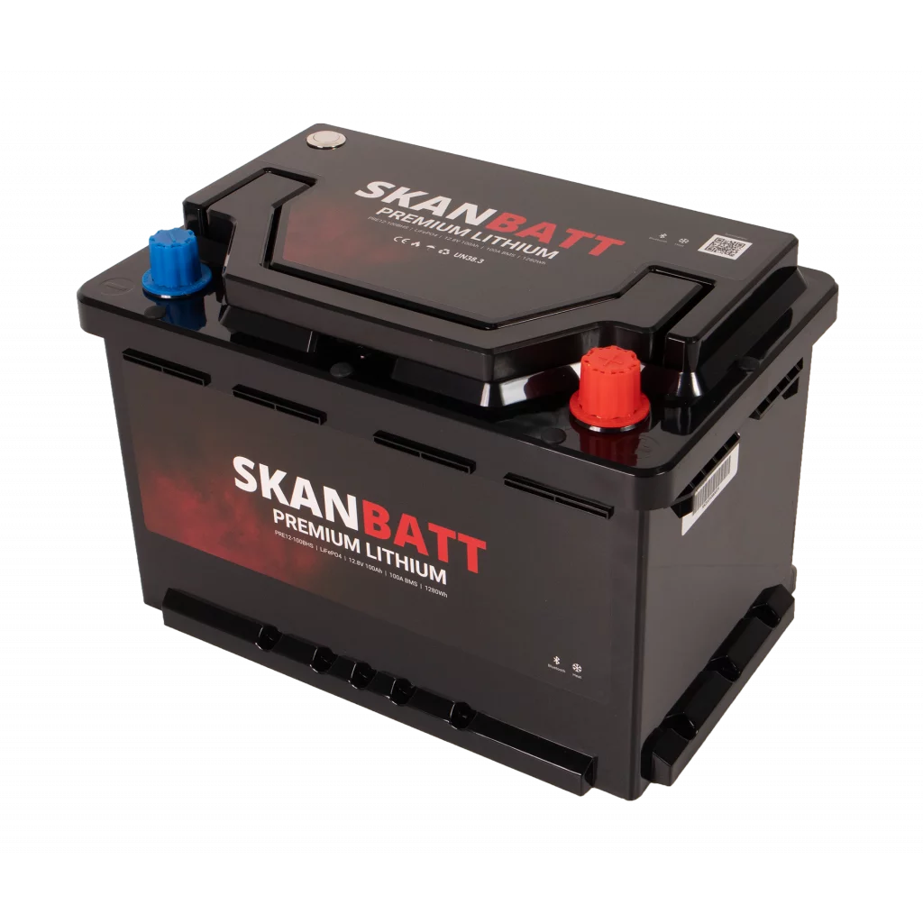 SKANBATT Premium Lithium - 12V 100Ah 100A BMS - 280x178x188mm - Bluetooth - Heat - 8 Års garanti